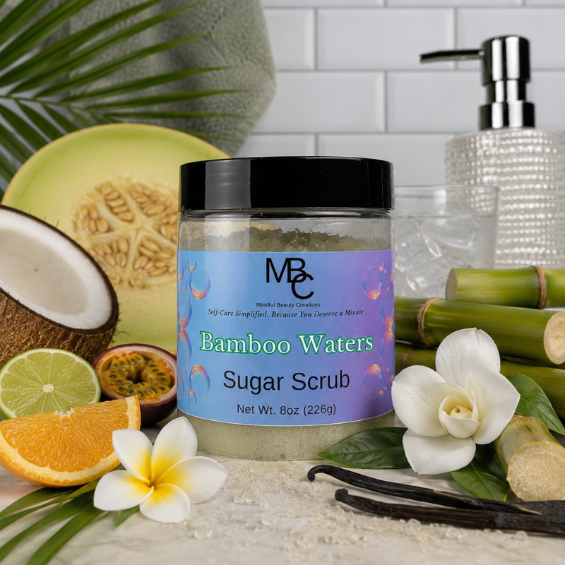 Bamboo Waters Sugar Scrub jar with natural ingredients on a decorative background