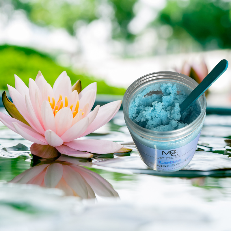 Look inside the jar. Sugar Scrub, light blue color, scent Lotus