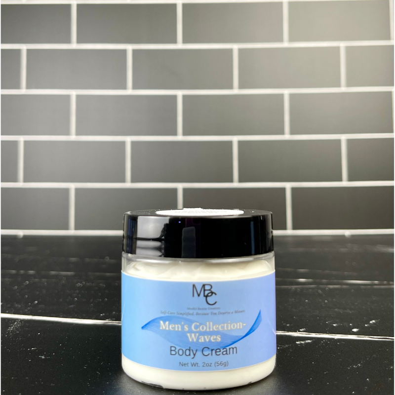 Jar of Men's Collection Waves Body Cream on a black surface with a tiled wall background