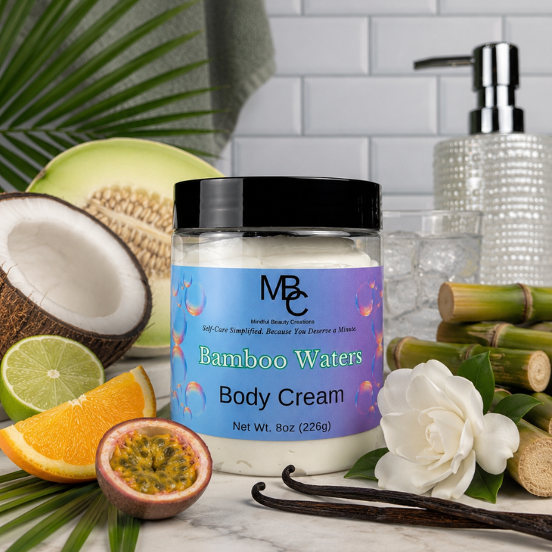 Bamboo Waters Body Cream jar with tropical fruits and bamboo on a marble surface