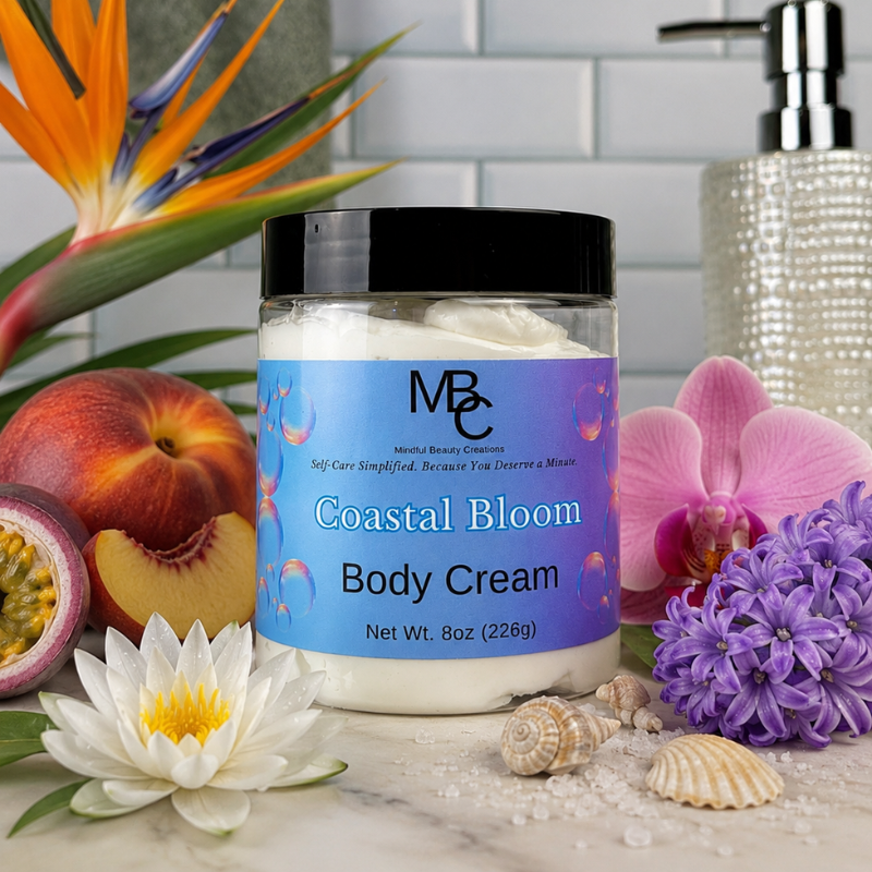 Coastal Bloom Body Cream jar with decorative elements on a marble surface