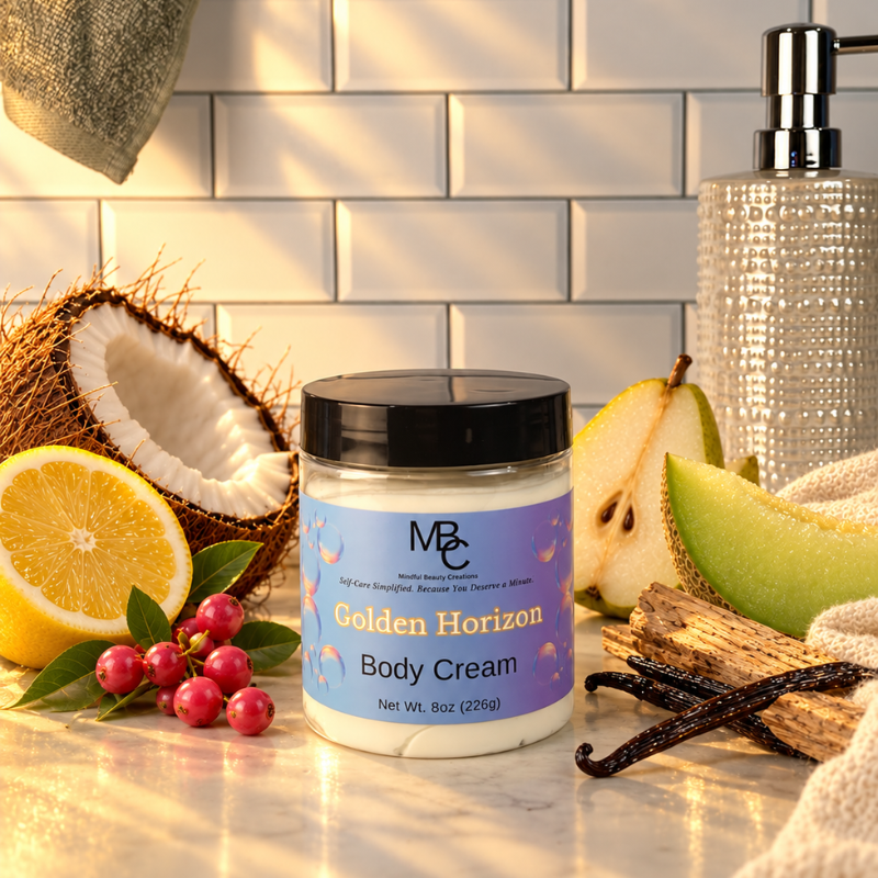 A jar of MBC Golden Horizon Body Cream is displayed on a marble countertop surrounded by its scent ingredients, including a halved coconut, a lemon slice, red berries, a pear slice, melon, vanilla beans, and a textured soap dispenser in the background.