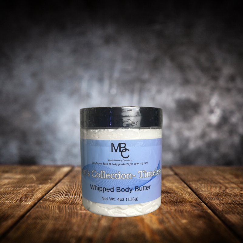 Whipped body butter jar, natural white in color, scent Timeless