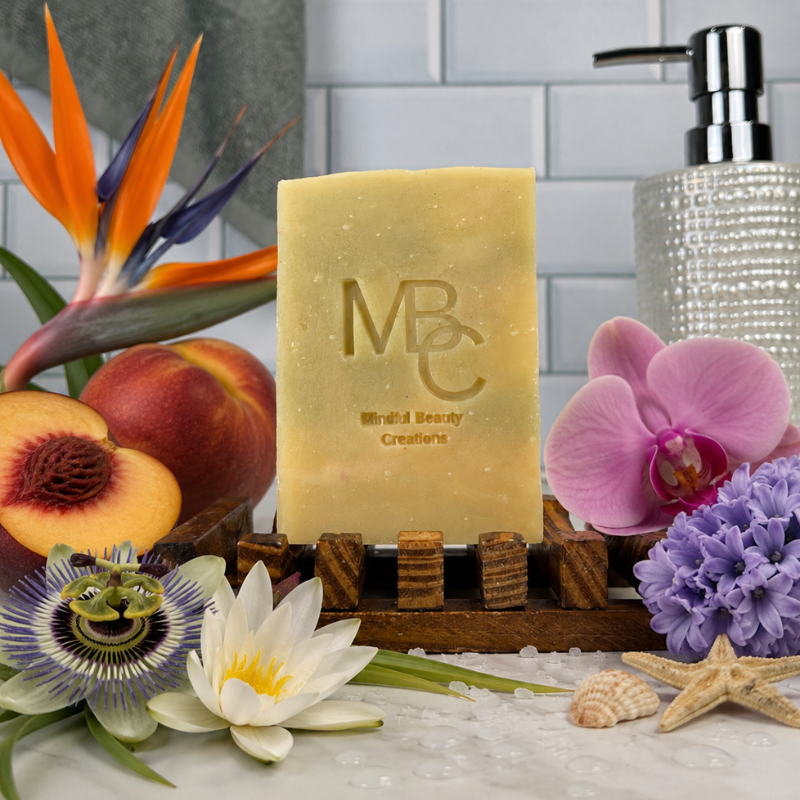 Bar of Coastal Bloom soap with 'MBC' logo on a wooden stand, surrounded by flowers and fruits.