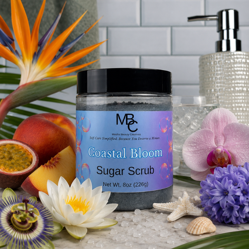 Coastal Bloom Sugar Scrub jar with tropical fruits and flowers on a neutral background
