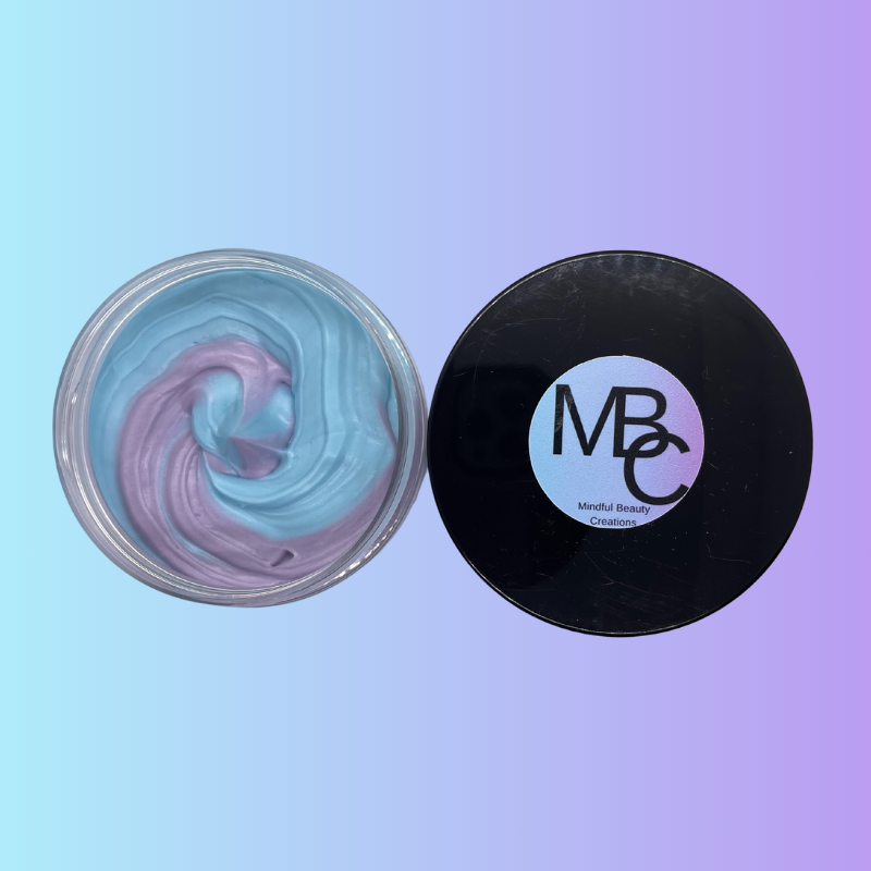 Look inside the jar. Whipped Body Butter, Blue and purple color, Lotus scent