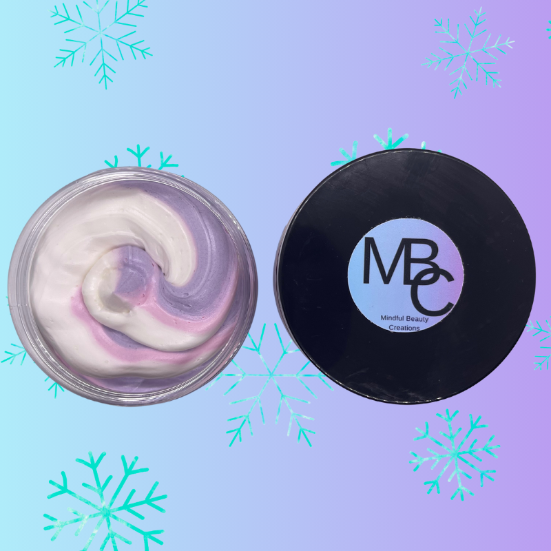 Look inside the jar. Whipped Body Butter, White, purple, and pink color, Vanilla Berries scent