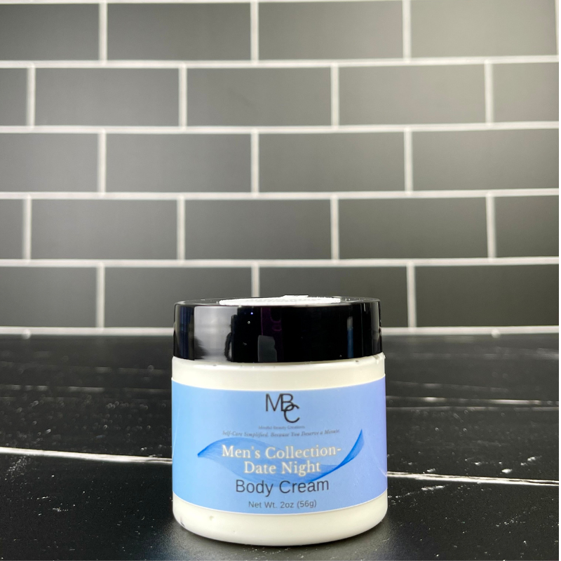 Jar of Men's Collection Date Night Body Cream on a black surface with a tiled wall background