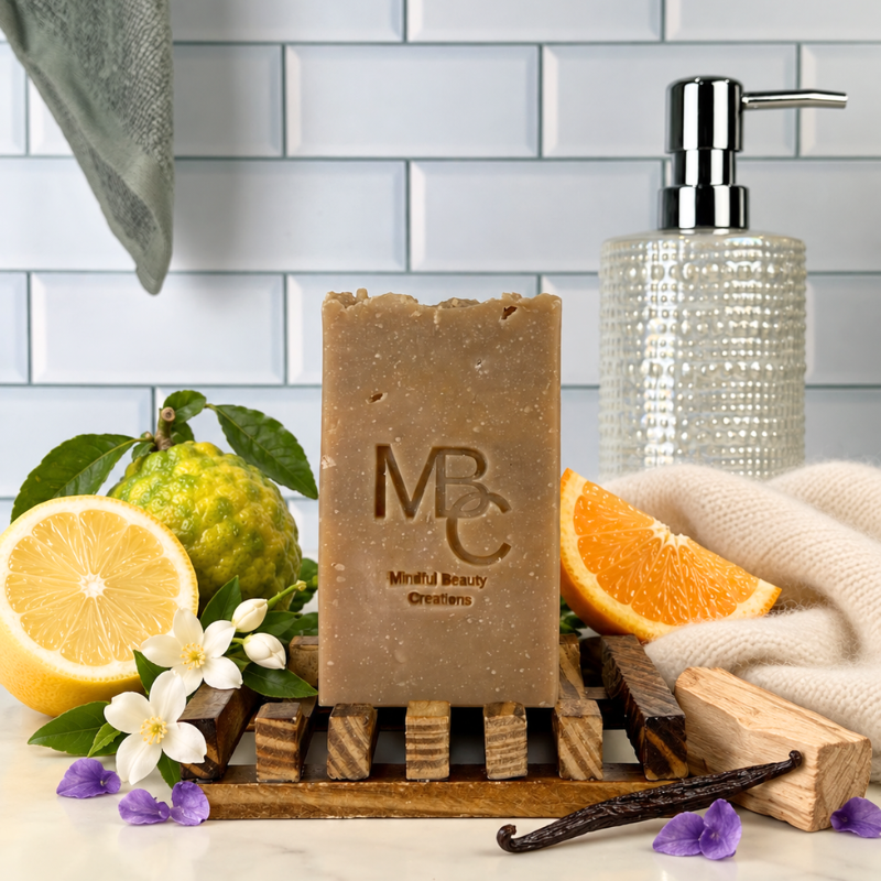 A rectangular bar of soap labeled  stands on a small wooden stand in a styled bathroom-like setting. The soap is tan-brown and surrounded by citrus slices, flowers, a soap dispenser, and a towel.