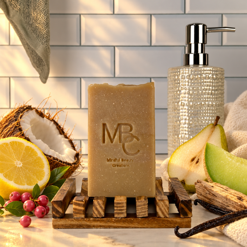 A rectangular bar of beige soap with an embossed 'MBC' logo stands on a wooden soap dish in a styled bathroom scene. A textured clear pump bottle, sliced pear, lemon, berries, coconut, and vanilla bean are arranged around it against a white subway tile wall.