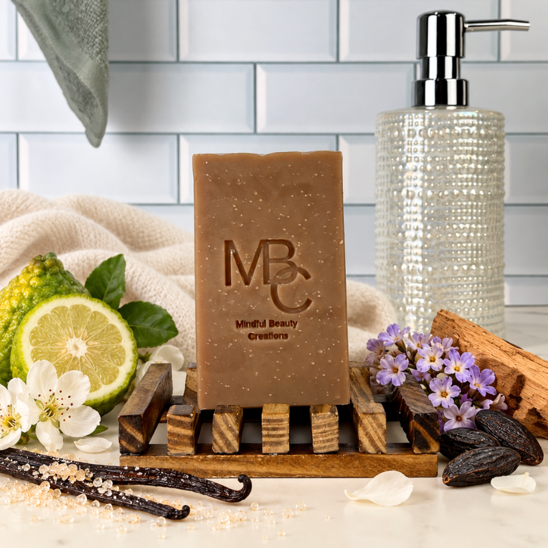 A rectangular brown soap bar with the embossed logo 'MBC' and the text 'Mindful Beauty Creations' stands on a small wooden stand. The soap is styled in a spa-like setting with a textured clear pump bottle, vanilla beans, a lime slice, white flowers, cinnamon, and purple flowers against a light blue subway tile backsplash.