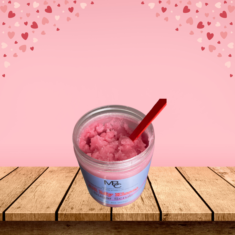 Look inside the jar. Sugar Scrub, light pink color, scent All My Kisses