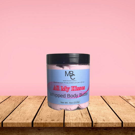 Whipped body butter jar, pink in color, scent All My Kisses