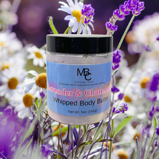 Whipped Body Butter, White and purple color, Lavender and Chamomile scent