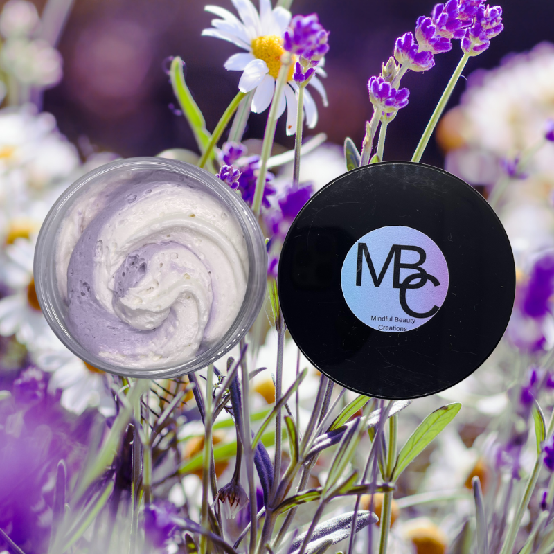 Look inside the jar. Whipped Body Butter, White and purple color, Lavender and Chamomile scent